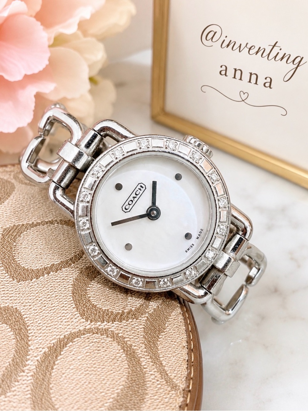 COACH Silver-Tone Swiss Quartz Bracelet Watch with Pink Iridescent Face Dial
